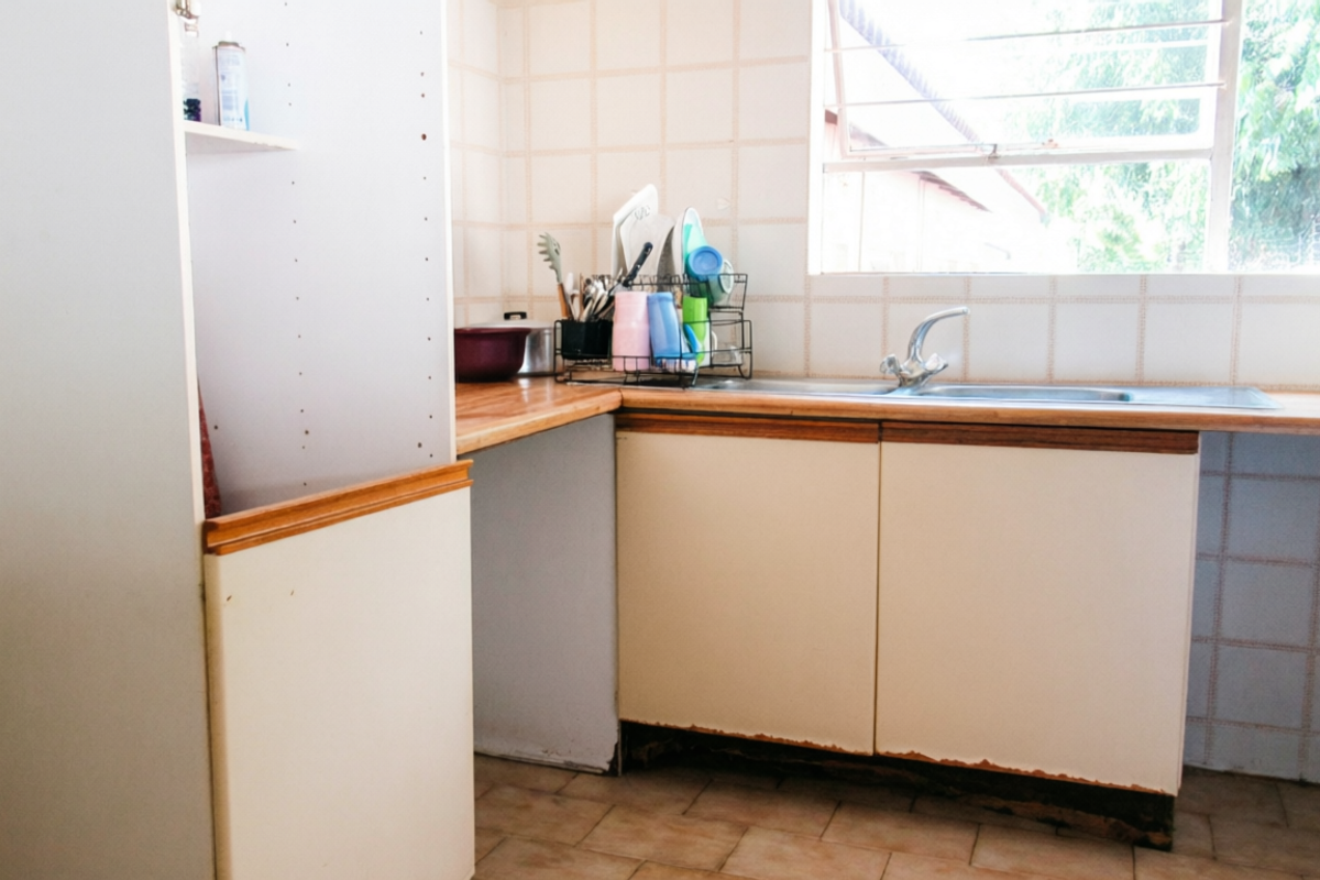 A functional kitchen area featuring tiled backsplash, laminate countertops, and a stainless steel sink with built-in cabinetry showing signs of wear.
