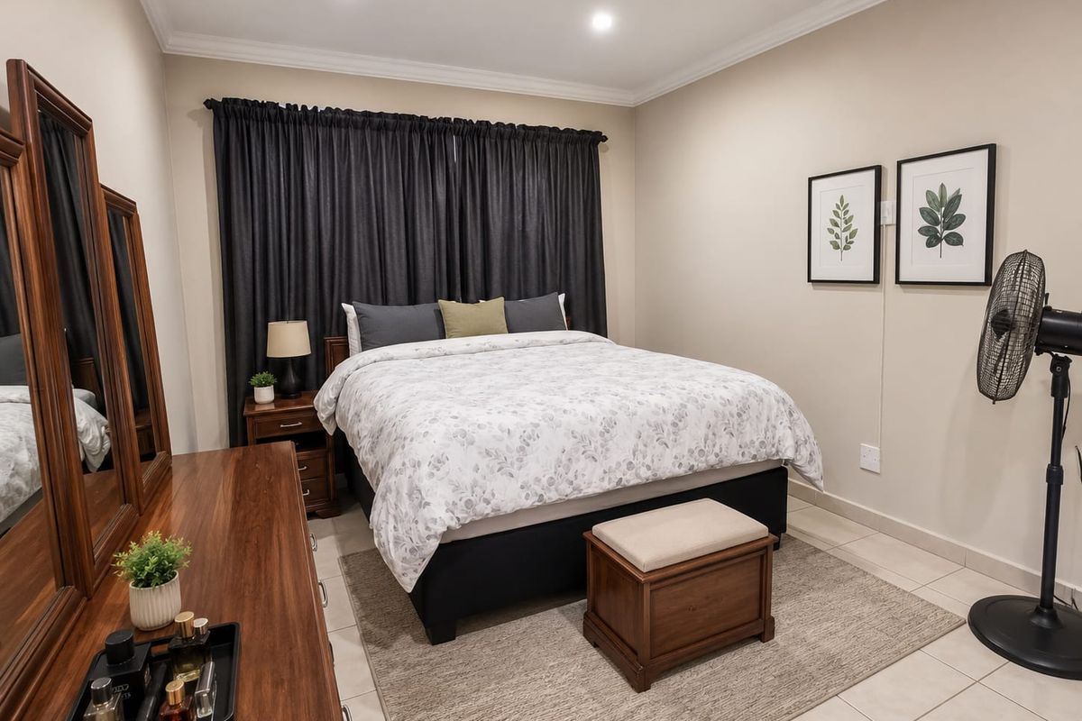 A well-maintained bedroom featuring neutral wall tones, tiled flooring, recessed downlighting, and decorative cove cornicing.