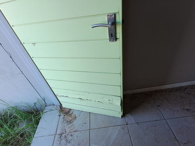 Close-up view of a weathered exterior door showing significant wood rot at the base and peeling paint, situated on a tiled patio area.