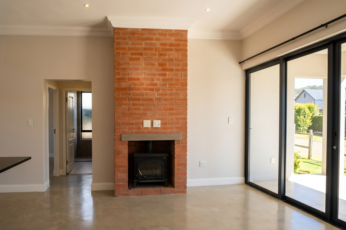 Spacious living area featuring an exposed brick fireplace with a wood-burning stove, polished concrete floors, and large sliding glass doors leading to the patio.