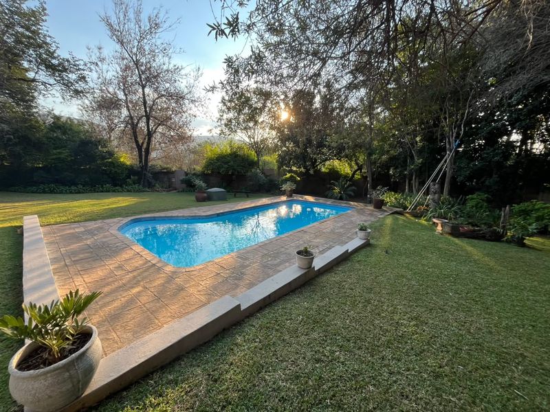 A well-maintained swimming pool set within a lush, landscaped garden featuring a paved surround and retaining wall.