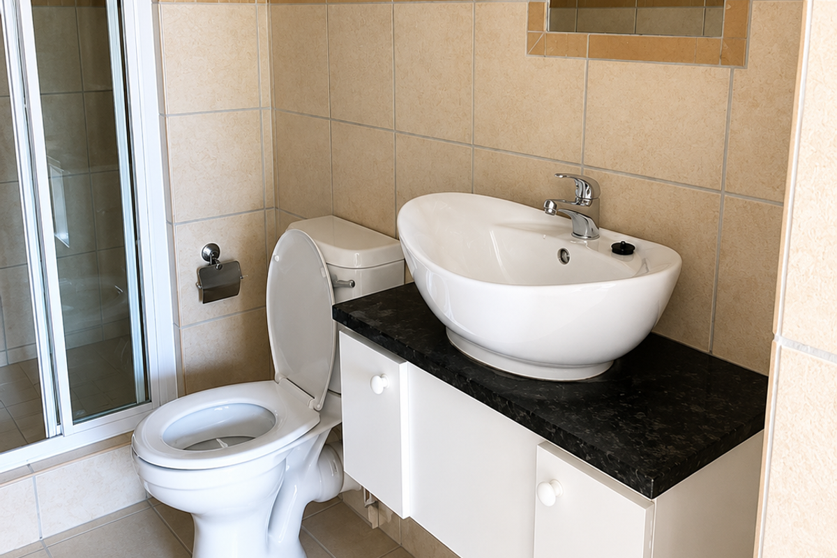 A clean, functional bathroom featuring a wall-mounted vanity with a vessel sink, granite countertop, tiled finishes, and a separate shower enclosure.