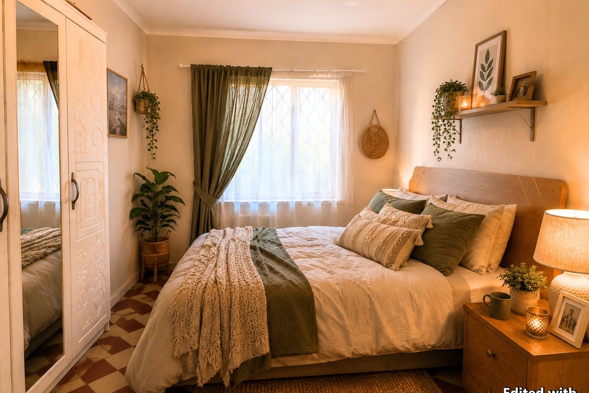 A cozy bedroom featuring a built-in wardrobe, tiled flooring, and a window with natural light.