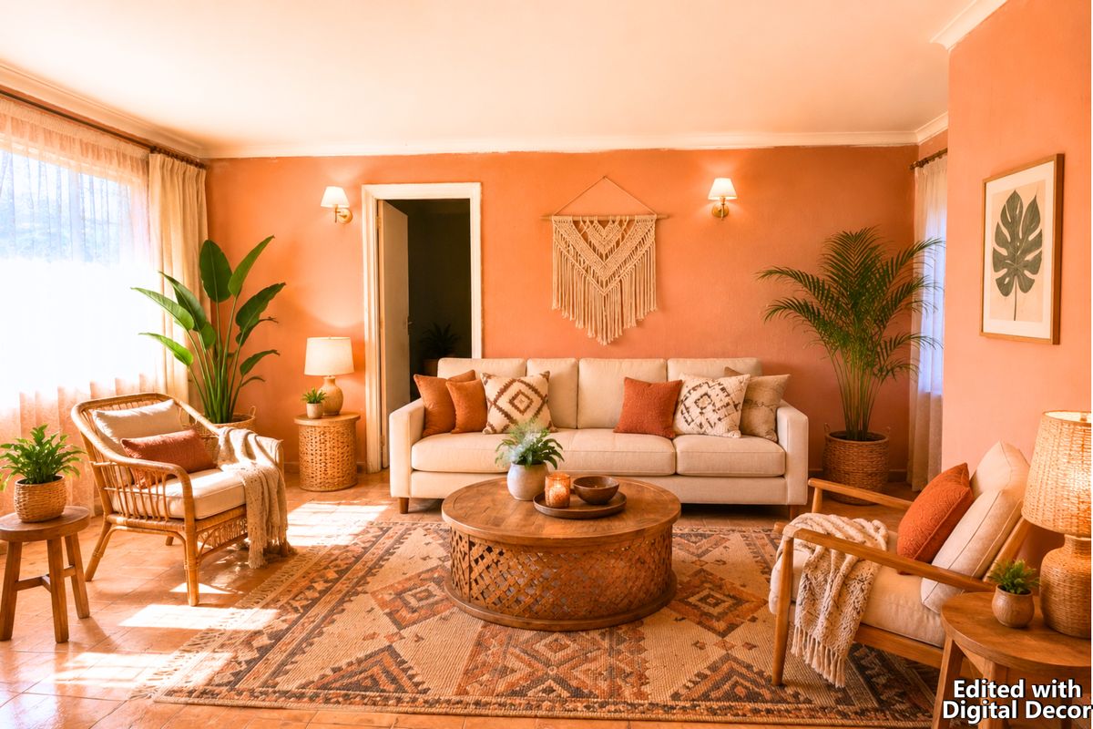 A warm and inviting living room featuring terracotta tile flooring, soft peach-toned walls, and classic wall sconce lighting.