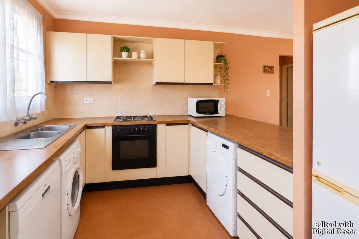 A functional kitchen featuring cream cabinetry, wood-look countertops, a gas cooktop, and integrated laundry appliance space.