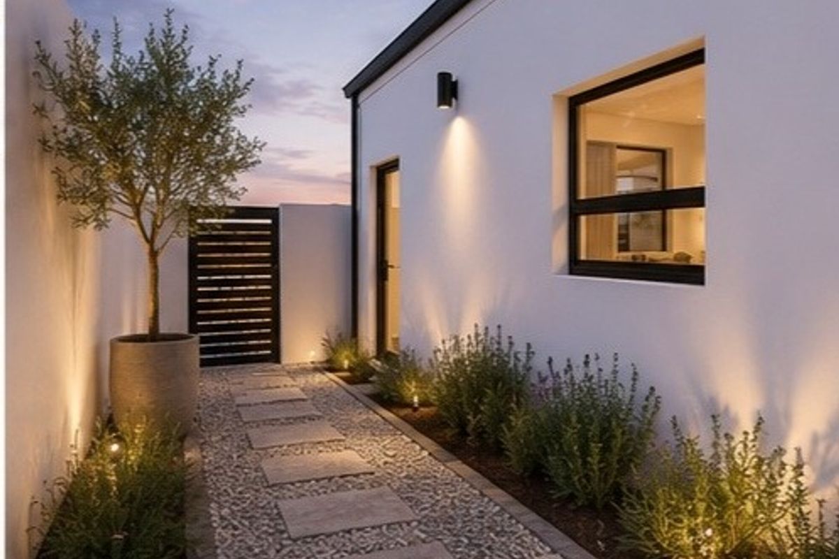 A well-maintained side pathway featuring stone pavers, gravel landscaping, integrated wall lighting, and a modern gate.