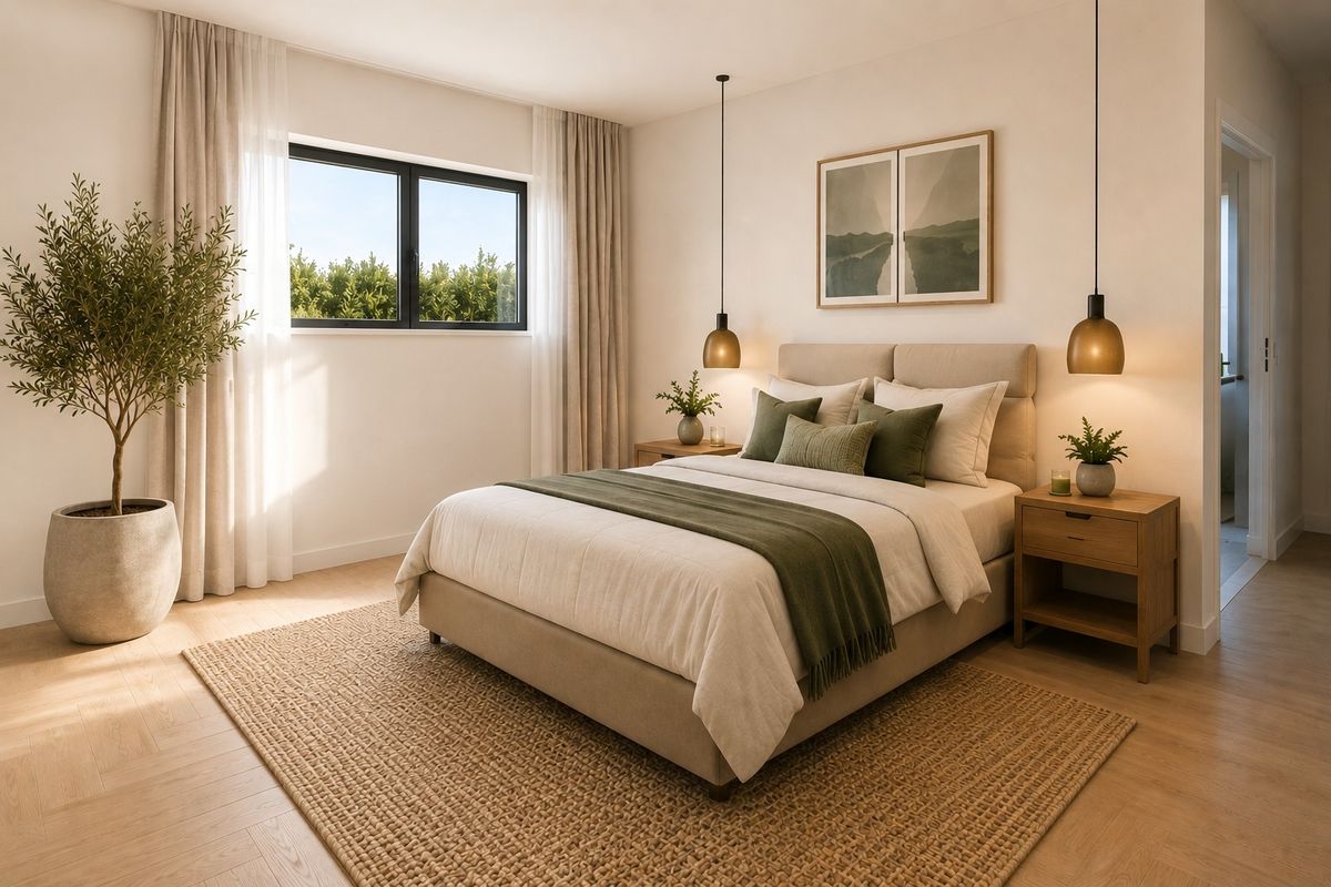 A well-lit, modern bedroom featuring neutral tones, timber-look flooring, and contemporary pendant lighting, creating a serene and inviting atmosphere.