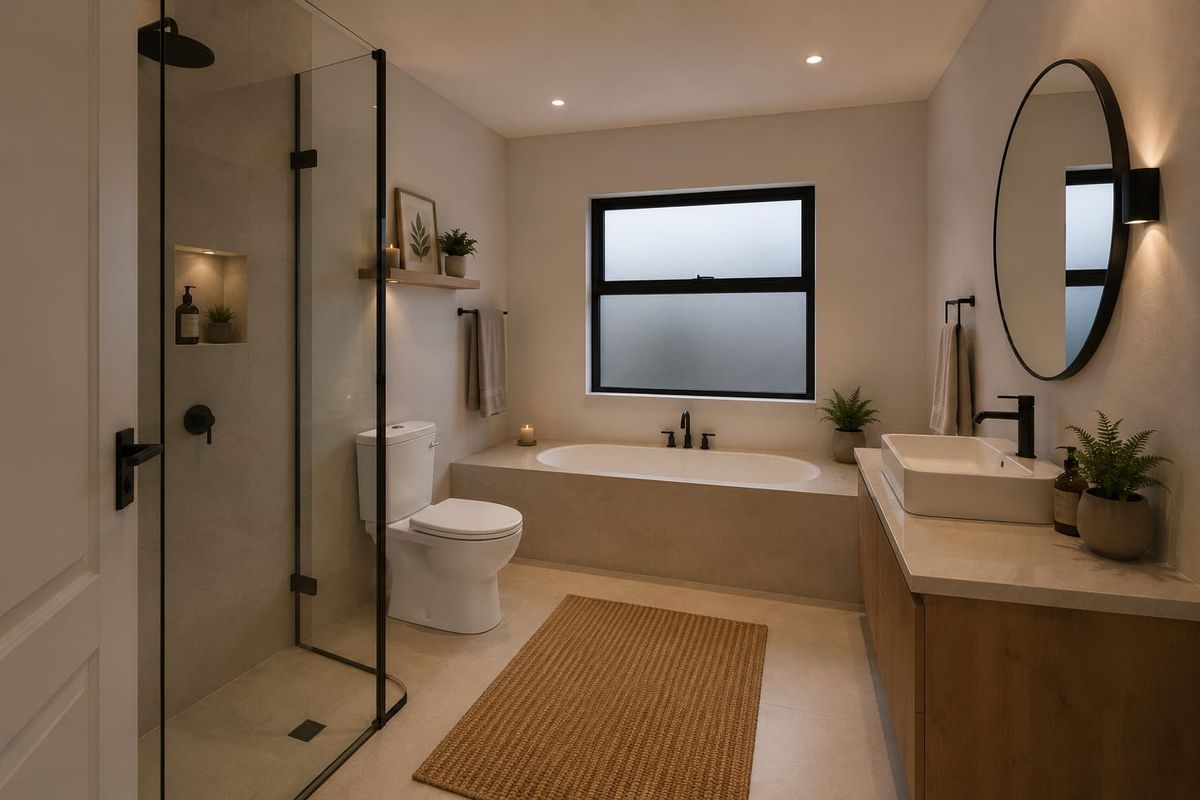 Modern bathroom featuring a glass-enclosed shower, a built-in bathtub, a vanity with a vessel sink, and contemporary matte black fixtures.