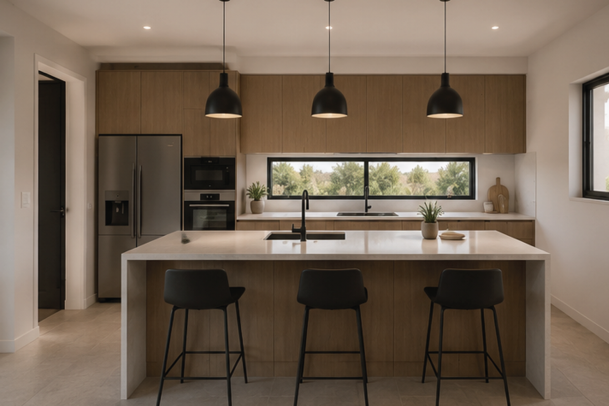 Modern kitchen featuring wood-toned cabinetry, a large central island with stone countertops, integrated appliances, and sleek pendant lighting.