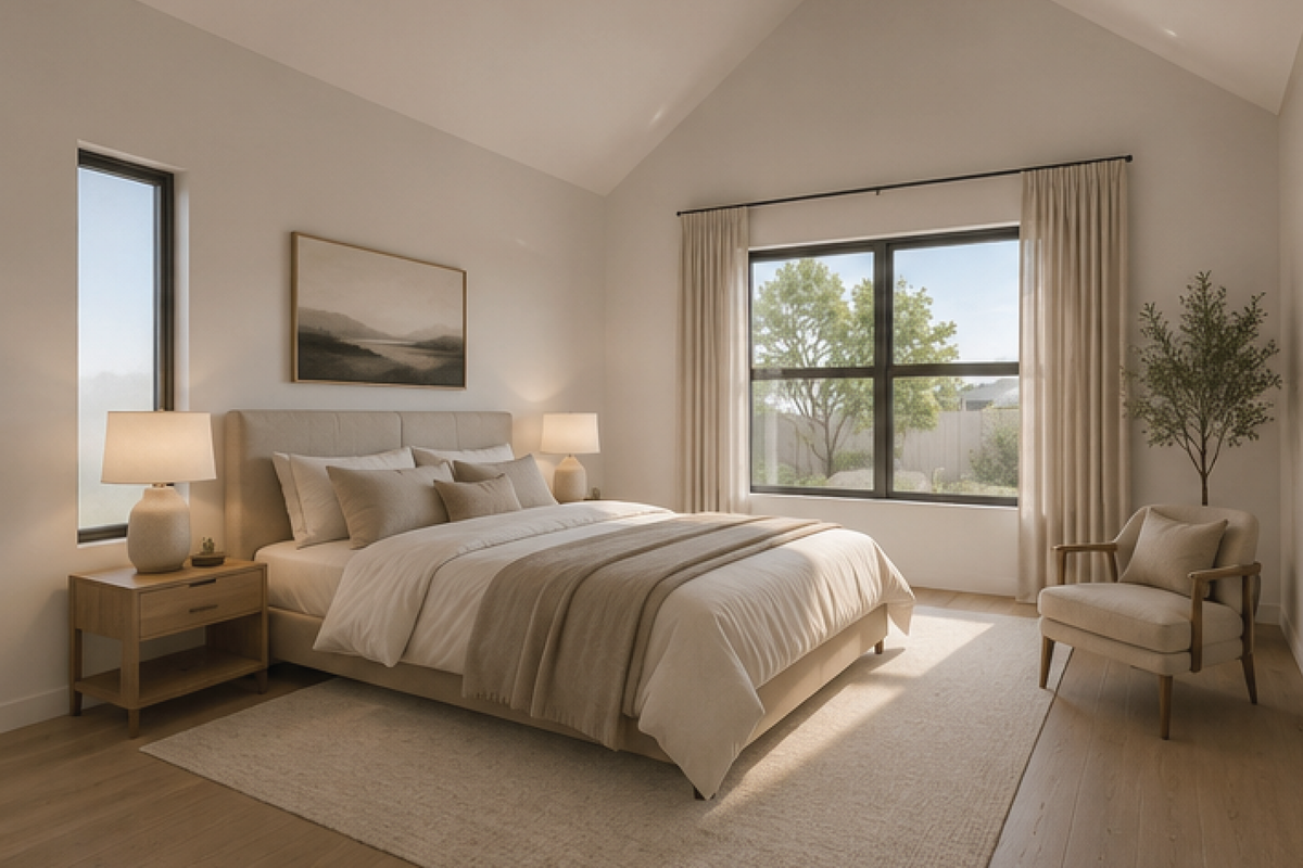 A bright and spacious bedroom featuring a high vaulted ceiling, large black-framed windows, and warm hardwood flooring.