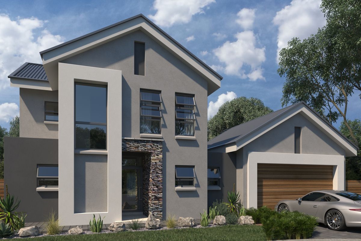 Modern double-storey residential facade featuring stone cladding accents, large windows, and an integrated garage.