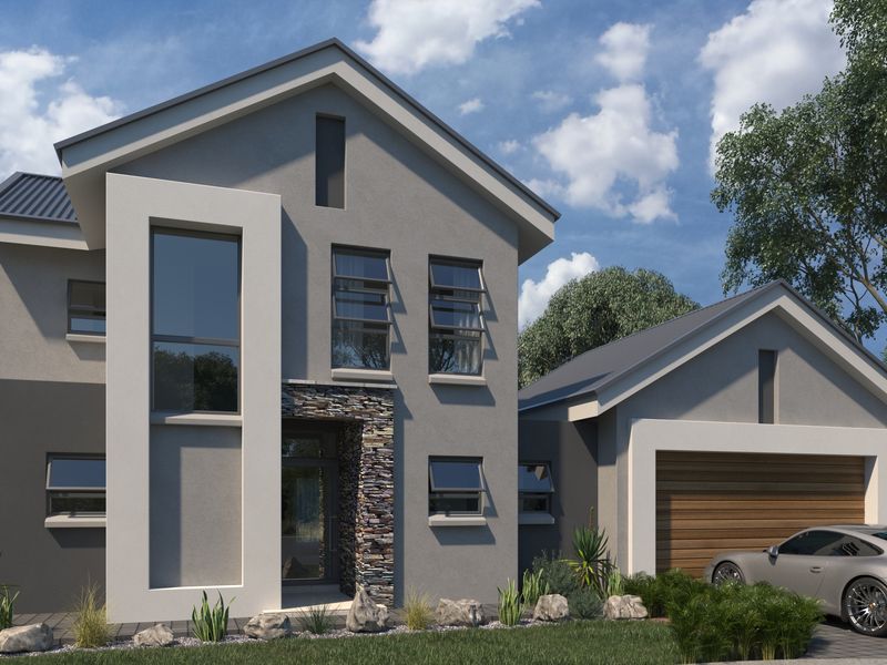 Modern double-storey residential facade featuring stone cladding accents, large windows, and an integrated garage.