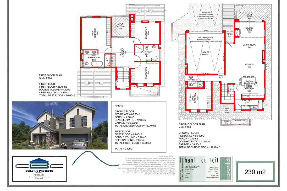 Architectural floor plan showing the ground and first floor layout of the property, including room dimensions and exterior elevations.