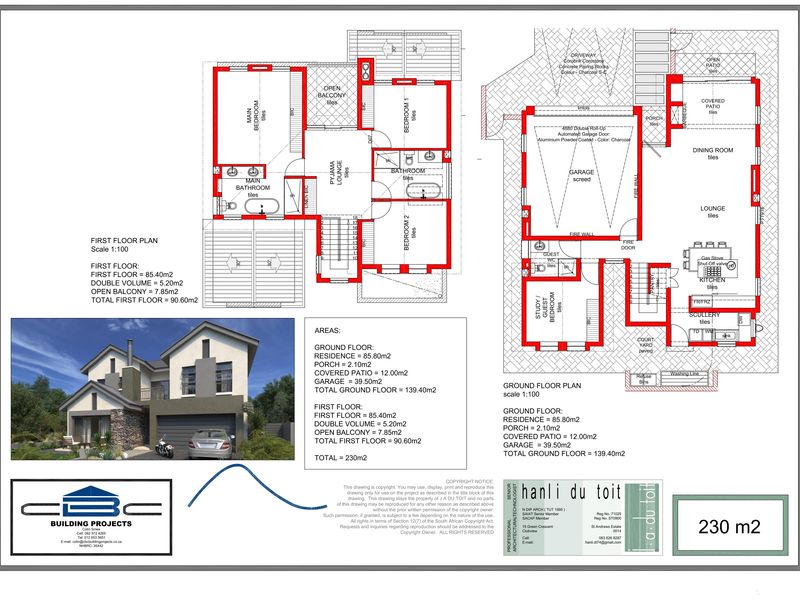 Architectural floor plan showing the ground and first floor layout of the property, including room dimensions and exterior elevations.