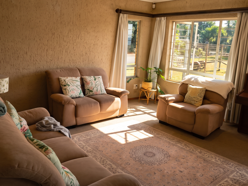 A cozy living room featuring textured plaster walls, large windows allowing natural light, and neutral carpeting.
