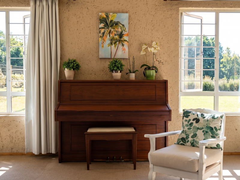 A bright living room featuring textured walls, large casement windows with security bars, and neutral carpeting, offering a view of the garden.
