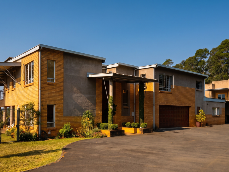 A spacious double-story face brick home featuring a large asphalt driveway, double garage, and covered entrance area set within a landscaped property.
