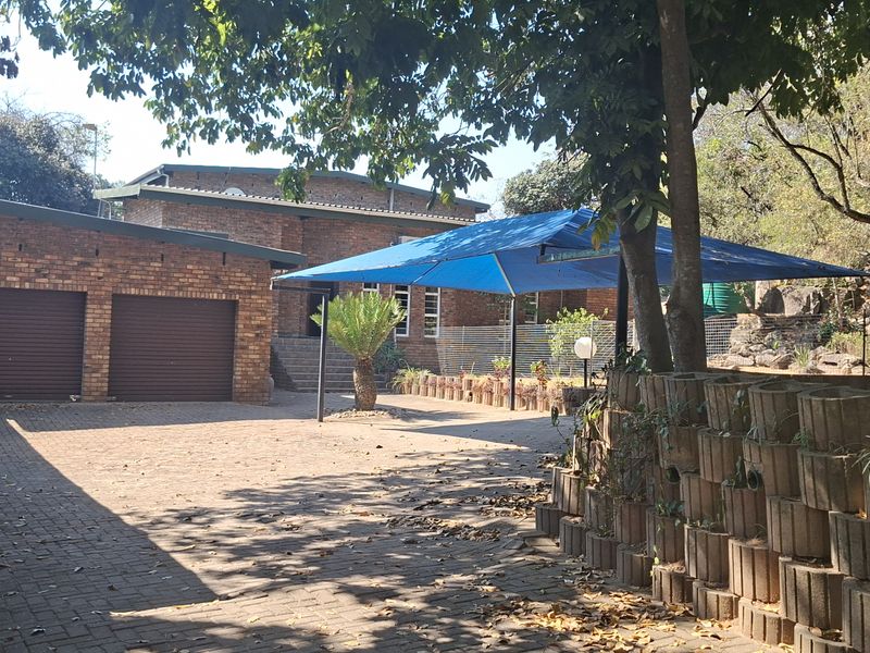 Front exterior view featuring a double garage, brick paved driveway, and a shaded outdoor area with established landscaping.