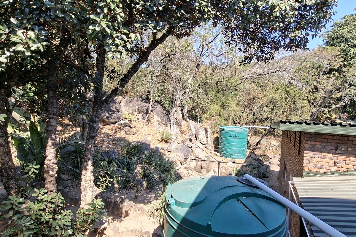 Rear exterior view showing natural rocky terrain, mature trees, and functional water storage tanks adjacent to a brick structure with a metal roof.