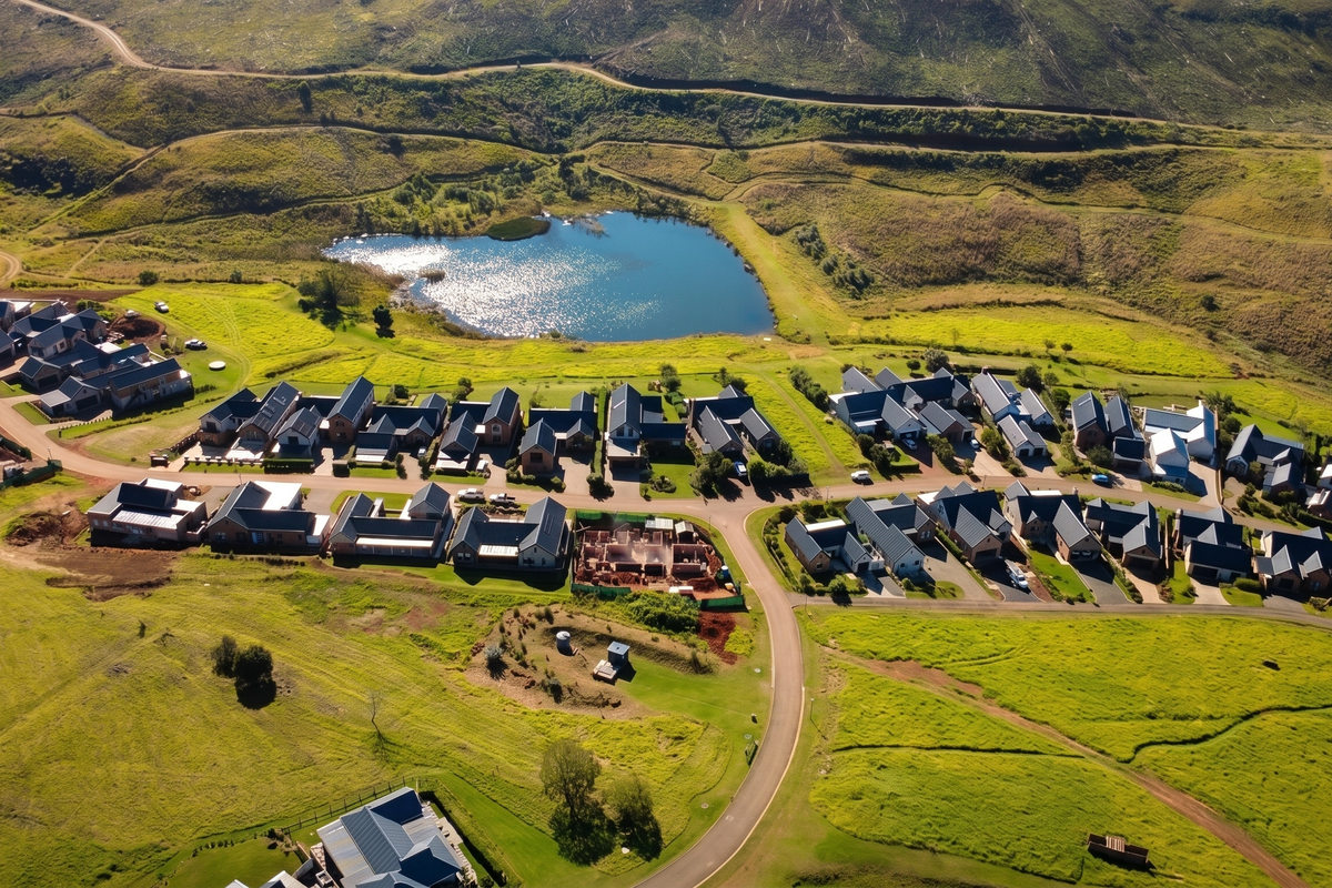 An aerial view of a residential estate featuring multiple homes, paved roads, and a scenic private lake set within a green landscape.