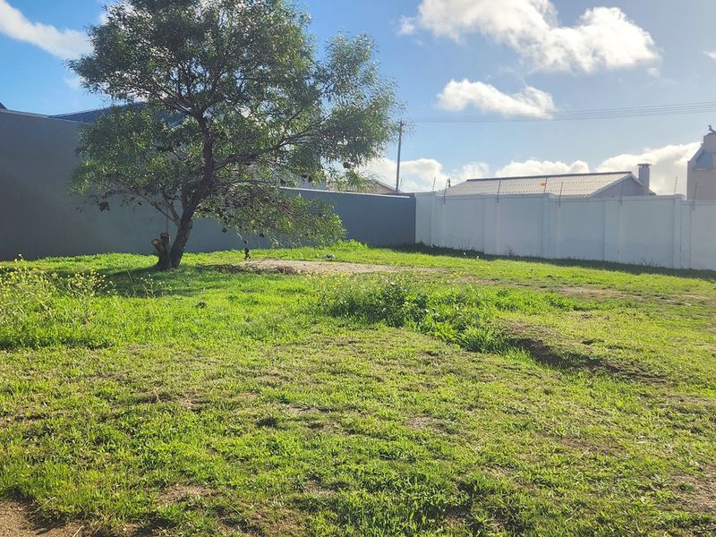 A vacant residential plot featuring a level grassed area, enclosed by perimeter walls with electric fencing and an established tree.