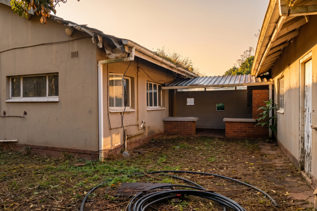 Rear exterior view of the property showing significant wear to the roof structure, exterior walls, and surrounding grounds requiring maintenance and repair.