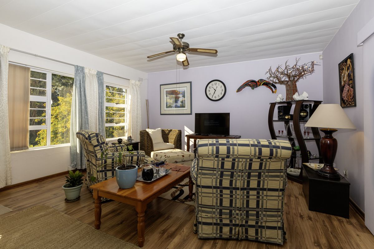 A comfortable living room featuring laminate flooring, a ceiling fan, and large windows that provide ample natural light.