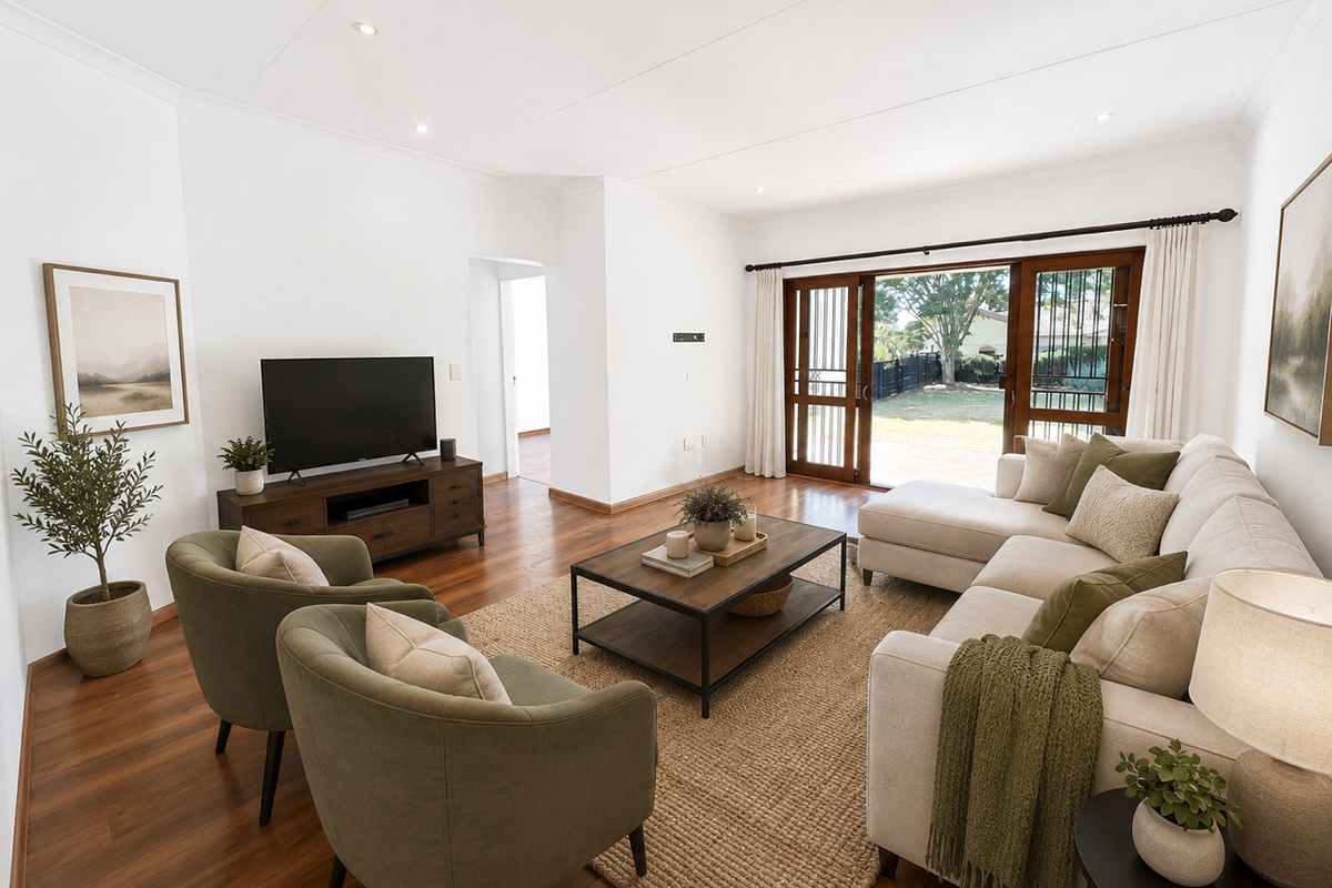 A bright and spacious living room featuring hardwood flooring, recessed lighting, and large sliding glass doors that provide access to the rear garden.