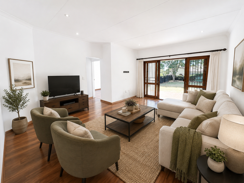A bright and spacious living room featuring hardwood flooring, recessed lighting, and large sliding glass doors that provide access to the rear garden.