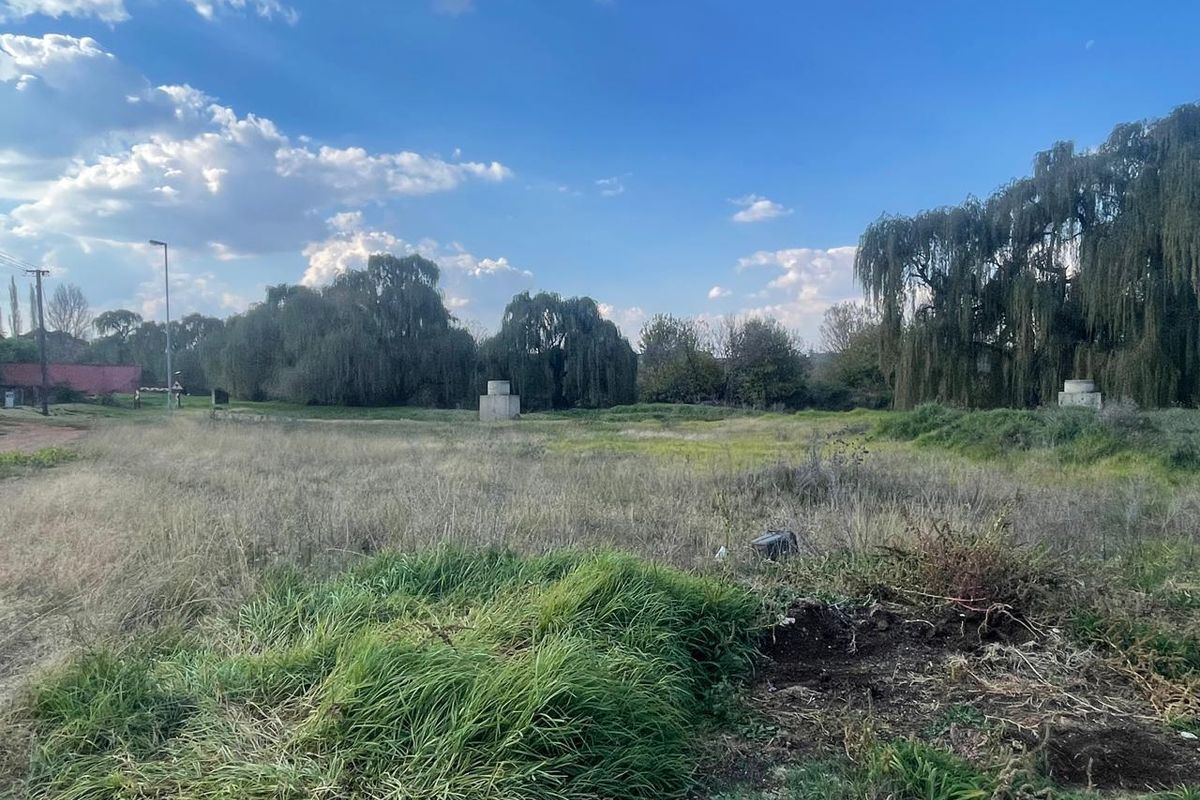 A view of a vacant residential plot featuring mature trees and existing concrete utility structures on the land.