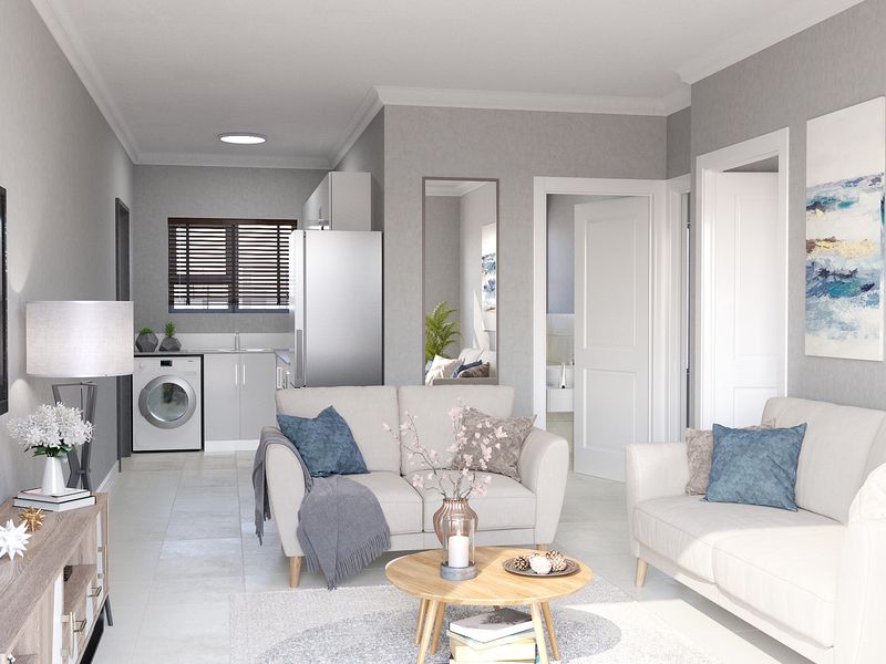 Modern open-plan living area featuring a compact integrated laundry space, neutral tiled flooring, and clean architectural finishes throughout.