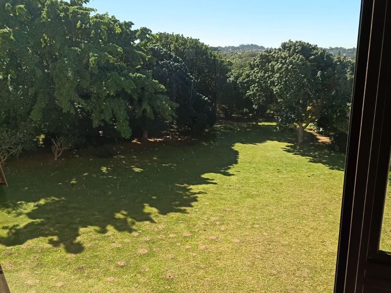 A scenic elevated view overlooking a lush green lawn and mature trees, captured from an apartment window.