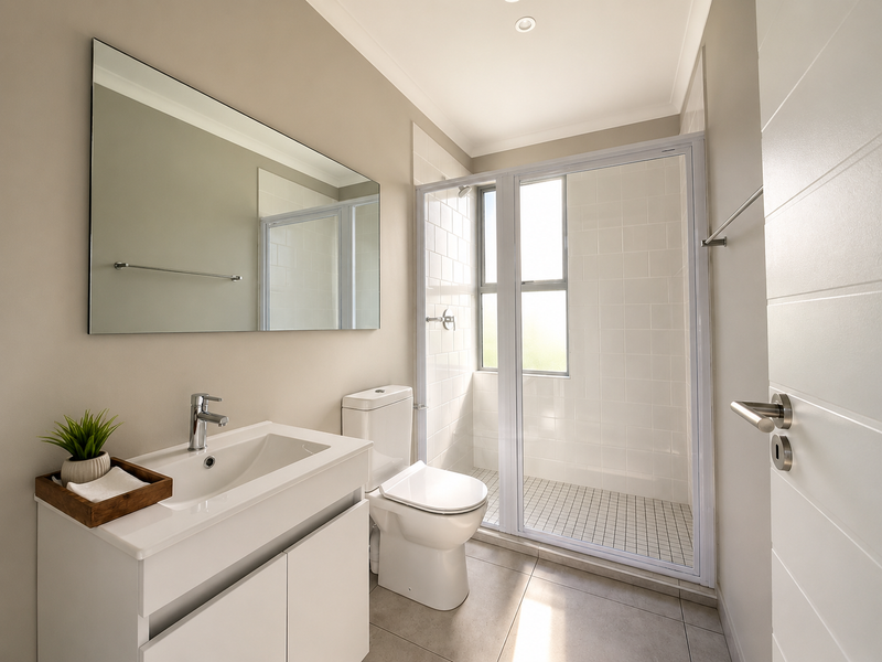 A modern, well-maintained bathroom featuring a sleek vanity, a walk-in shower with tiled walls, and contemporary fixtures in a neutral color palette.