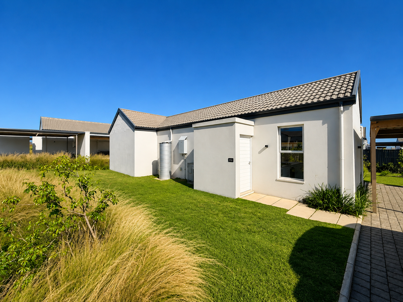 A well-maintained rear exterior view of a modern house featuring a paved walkway, landscaped lawn, and a water tank.