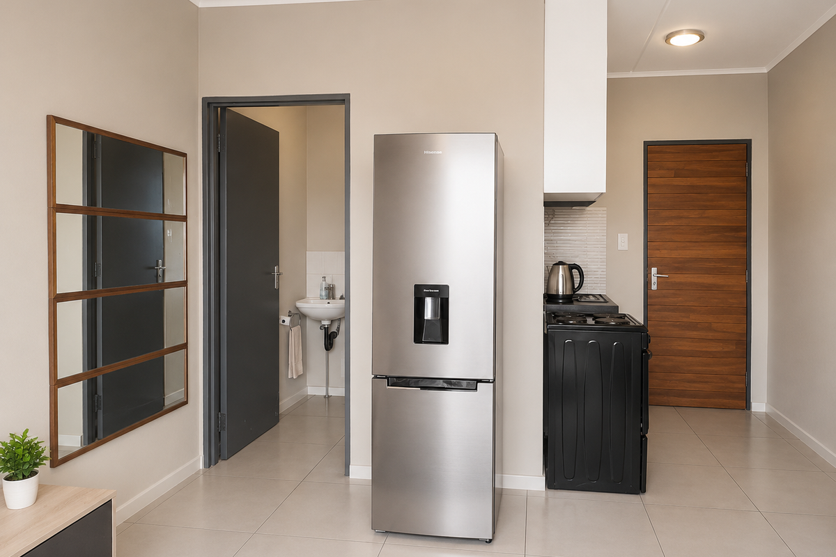 A clean, modern kitchen area featuring tiled flooring, a built-in extractor fan, and direct access to an adjacent bathroom.