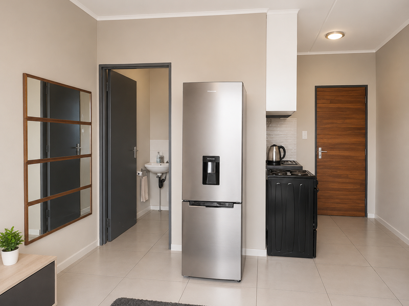 A clean, modern kitchen area featuring tiled flooring, a built-in extractor fan, and direct access to an adjacent bathroom.