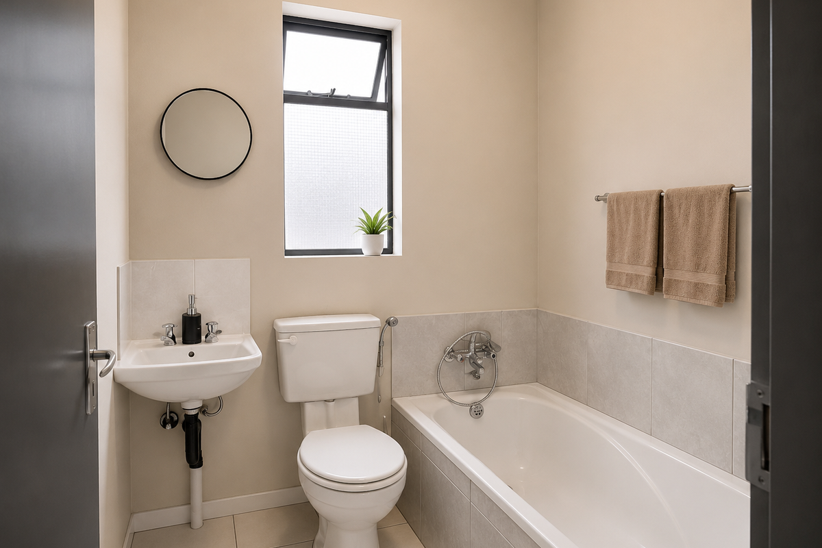 A clean and well-maintained bathroom featuring a wall-mounted basin, a standard toilet, and a bathtub with tiled surround and splashback.