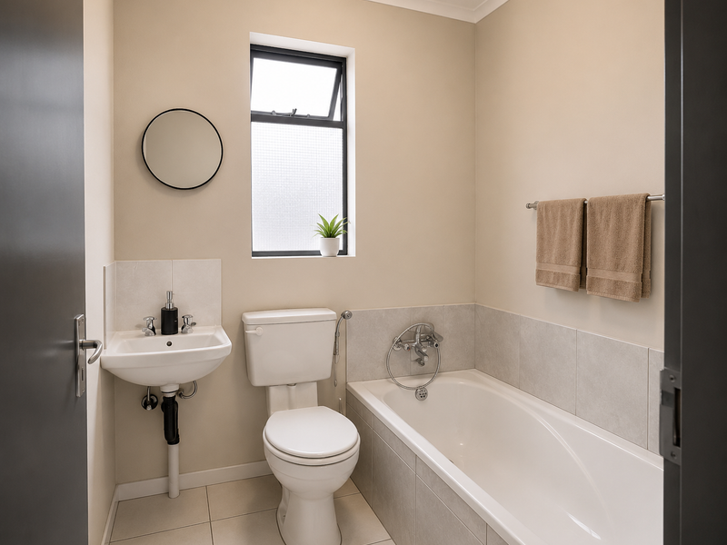 A clean and well-maintained bathroom featuring a wall-mounted basin, a standard toilet, and a bathtub with tiled surround and splashback.