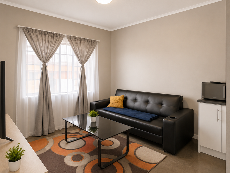 A well-maintained living room featuring polished concrete floors and built-in cabinetry, offering a clean and functional space.