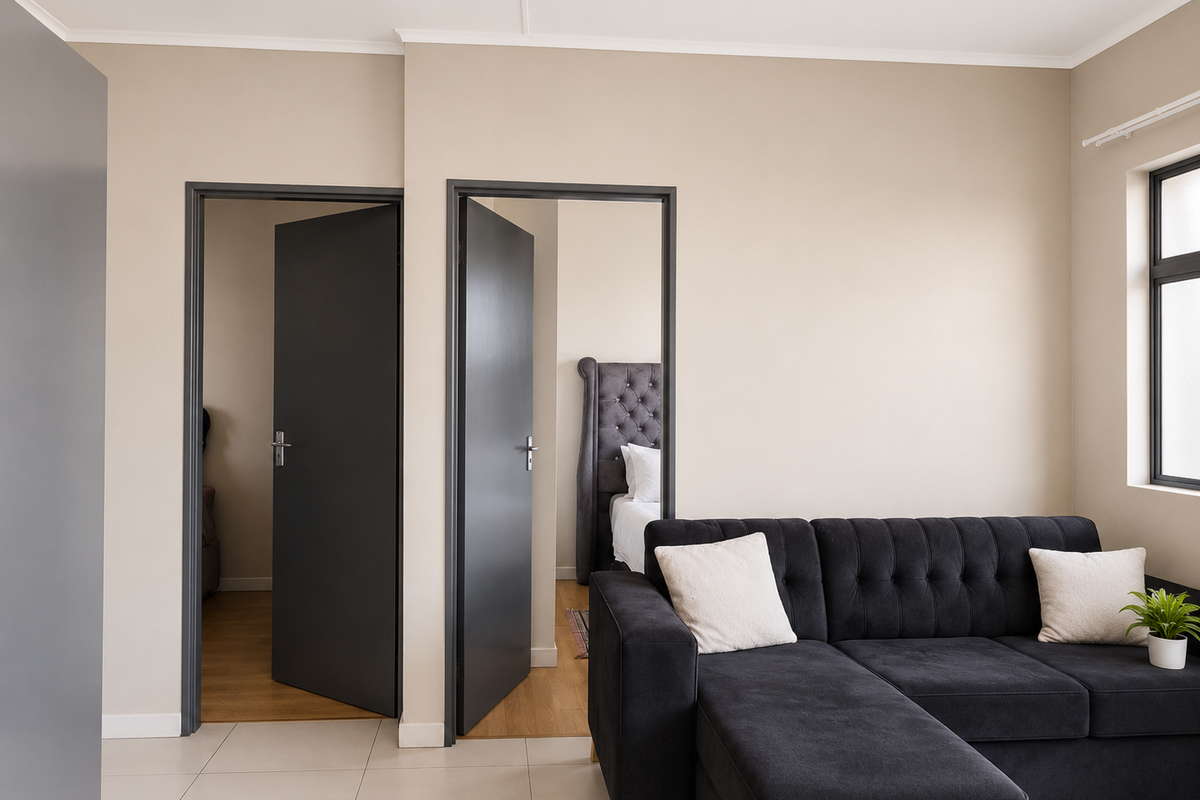 A well-maintained living area featuring neutral wall tones, tiled flooring, and dark contrasting door frames leading to adjacent rooms.