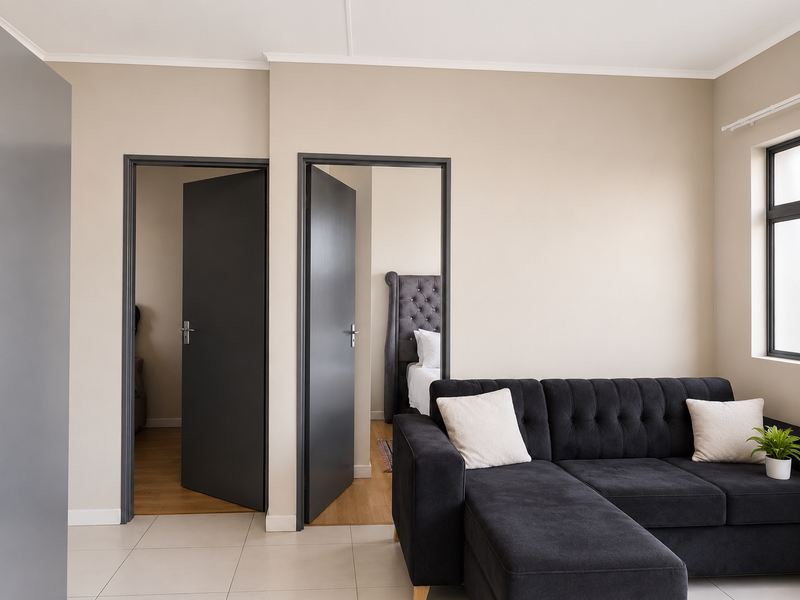 A well-maintained living area featuring neutral wall tones, tiled flooring, and dark contrasting door frames leading to adjacent rooms.