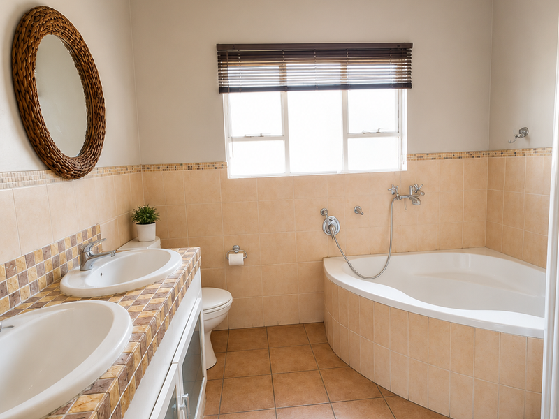 A functional bathroom featuring a double vanity with tiled countertop, a corner bathtub, and neutral ceramic tiling throughout.