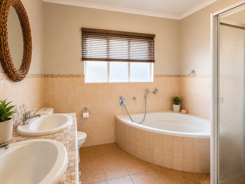 A well-maintained bathroom featuring a double vanity, corner bathtub, separate shower enclosure, and neutral tiled finishes throughout.