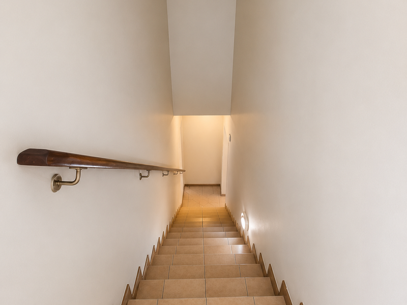 A clean, well-lit staircase featuring neutral floor tiles, a polished wooden handrail, and integrated wall-mounted lighting.