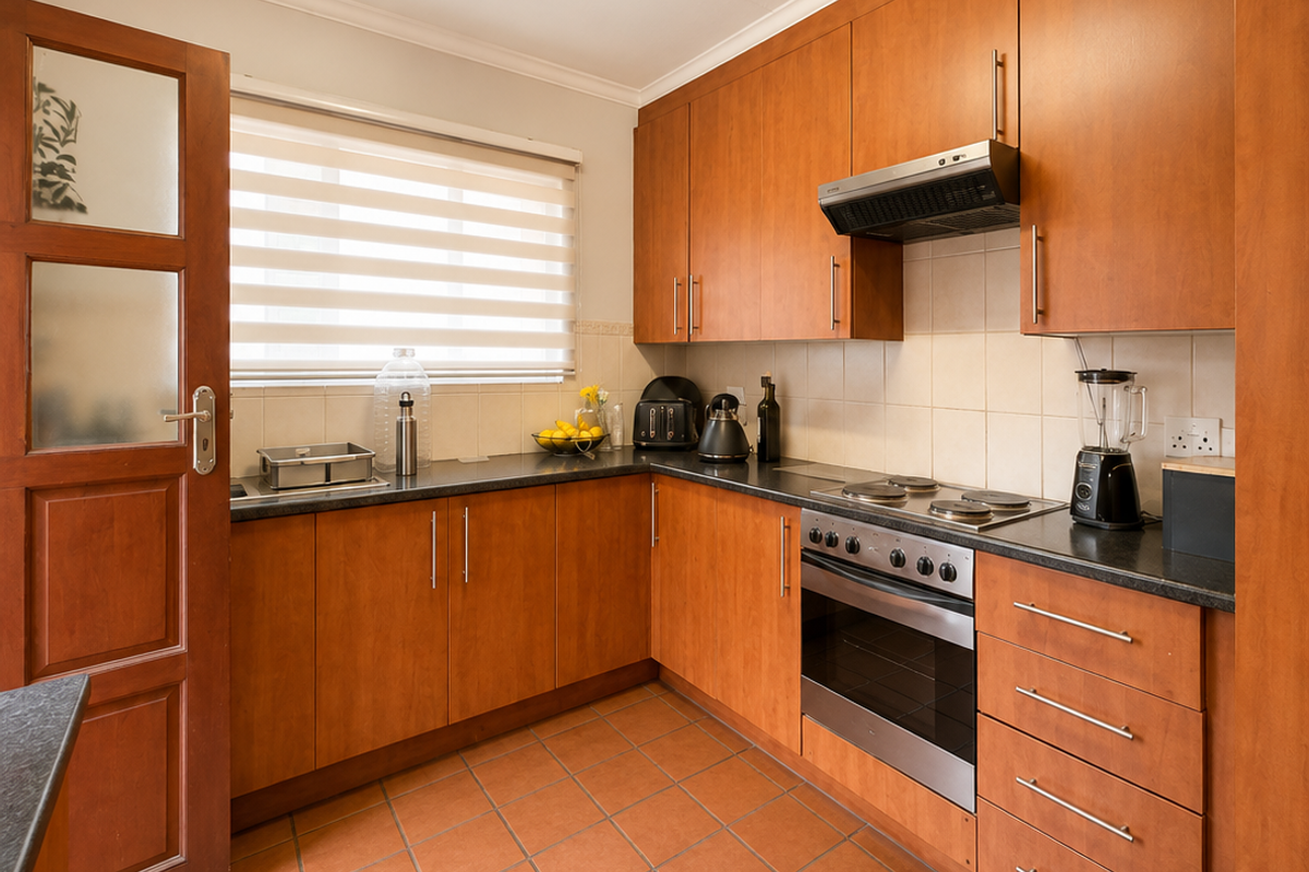 A functional kitchen featuring warm-toned wooden cabinetry, dark laminate countertops, an integrated oven and hob, and durable terracotta-style floor tiles.
