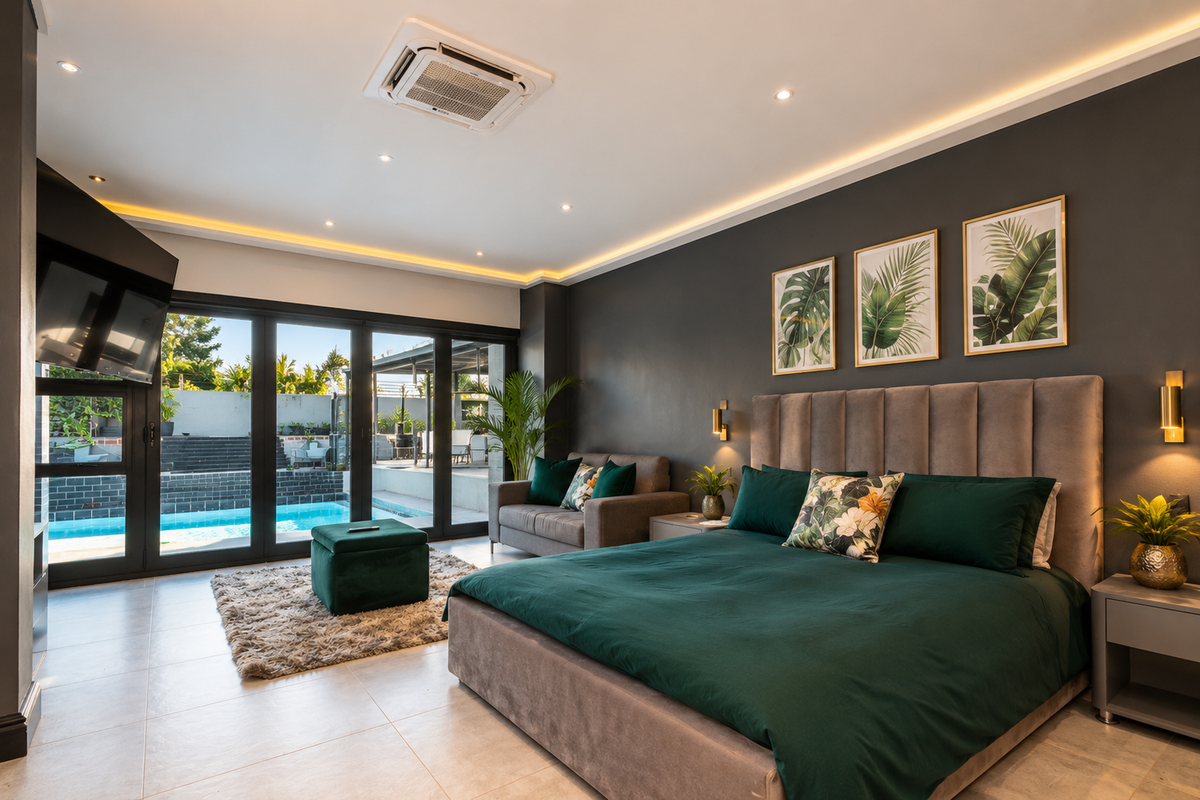 Spacious bedroom featuring modern tiled flooring, recessed ceiling lighting, and large sliding glass doors providing direct access to the pool area.