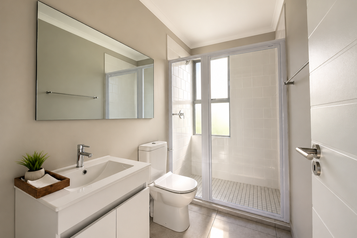 A modern, well-maintained bathroom featuring a sleek vanity, a walk-in shower with tiled walls, and contemporary fixtures in a neutral color palette.
