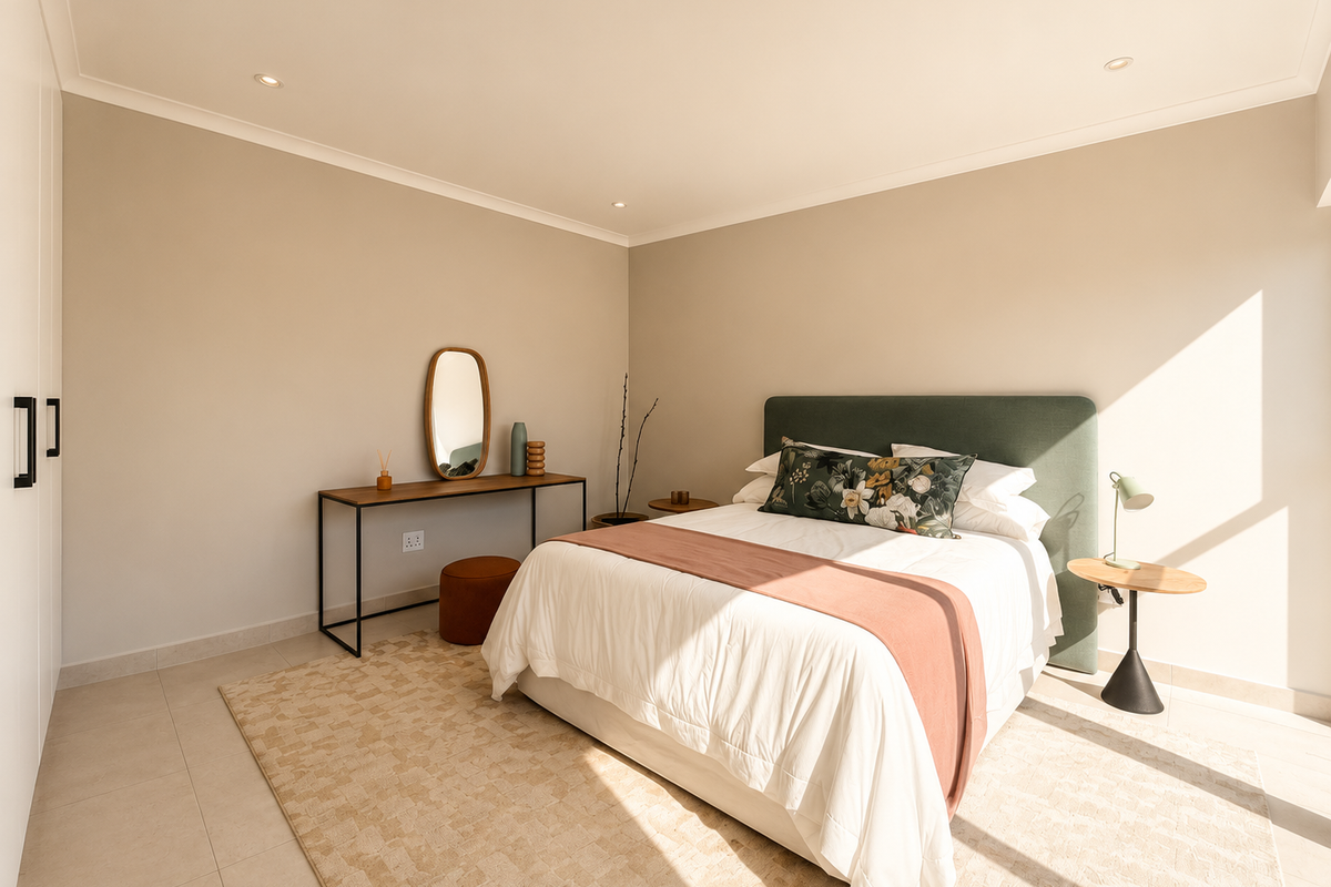 A bright and modern bedroom featuring neutral walls, tiled flooring, built-in cupboards, and recessed downlighting.