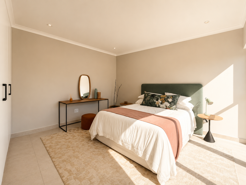 A bright and modern bedroom featuring neutral walls, tiled flooring, built-in cupboards, and recessed downlighting.