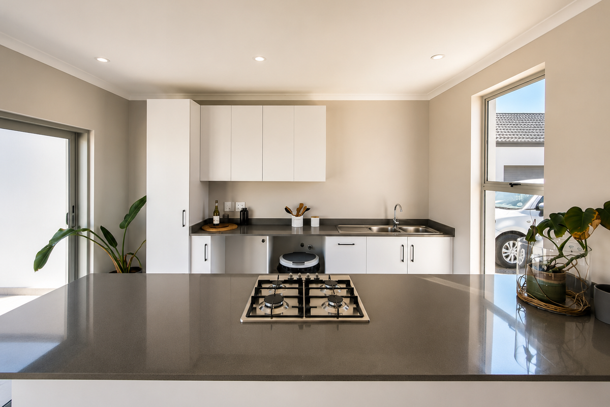 Modern kitchen featuring a central island with a gas hob, stone countertops, double sink, and clean white cabinetry.